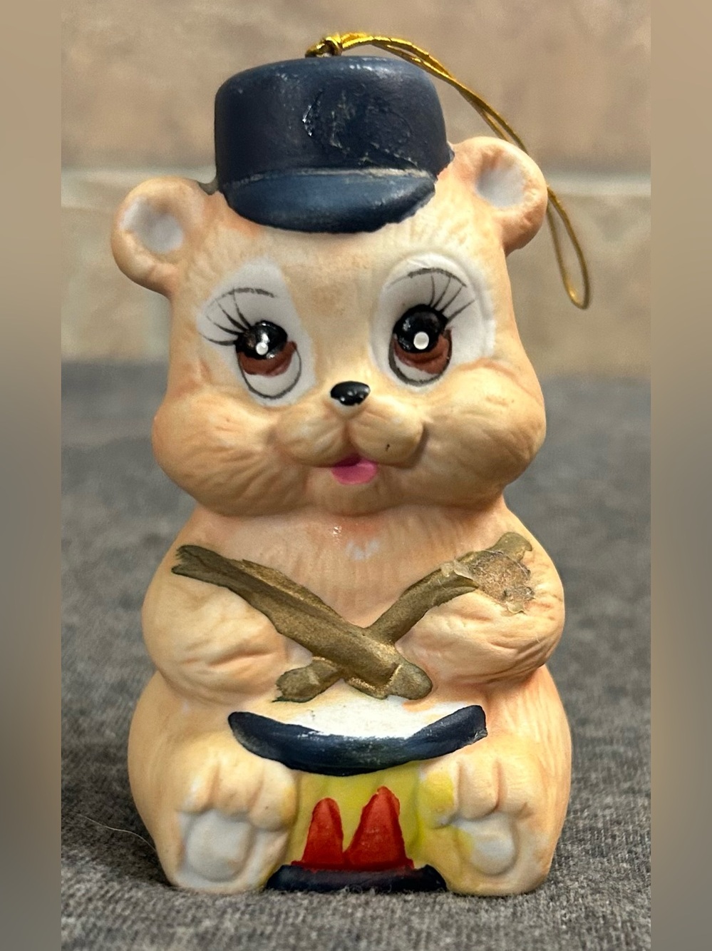 Vintage Ceramic Drummer Bear Bell Ornament